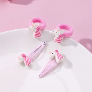 Ensemble mignon de barrettes et chouchous licorne pour filles en rose et violet