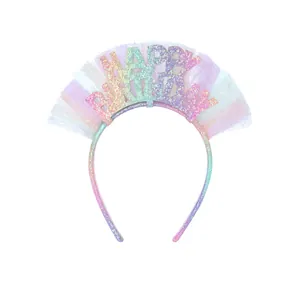 Cerchietto HAPPY BIRTHDAY arcobaleno glitterato con pizzo iridescente per bambine