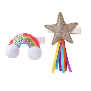 Rainbow and sequin star hair clips set with colorful tassels for girls and toddlers