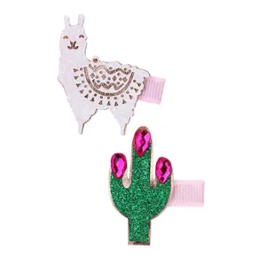 Cute alpaca and cactus glitter hair clips set with pink faux gems for girls hairstyles