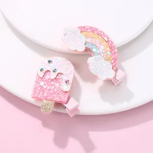 Lot de Barrettes à Cheveux Douces pour Enfants en Tissu à Paillettes Sans Nickel Motif Arc-en-Ciel Nuage Rose Glace Accessoires