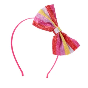 Colorful glitter sequin bow headband for girls featuring a non-slip design on white background