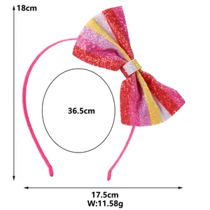Pink sequin bow headband for girls with colorful stripes and detailed size dimensions