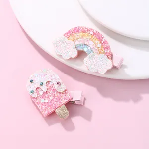 Set de barrettes à cheveux arc-en-ciel et esquimau rose avec paillettes pour filles