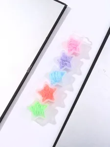 Detail view of five star-shaped containers filled with colorful mini hair elastics for kids