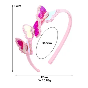 Pink sequin butterfly headband for girls featuring dimension and size measurements