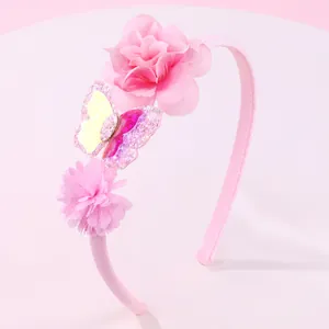 Cerchietto Rosa Dolce per Bambine Con Farfalla 3D Glitter e Fiori in Tessuto Accessori per Capelli Fatti a Mano per Feste