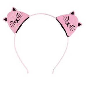 Pink glitter cat ear headband with cute facial details for kids hair accessories