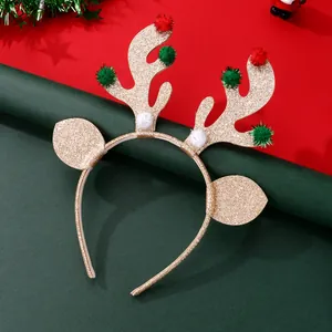Christmas Reindeer Antler Headband With Gold Glitter Ears And Colorful Pom Poms Festive Holiday Hair Accessories For Kids
