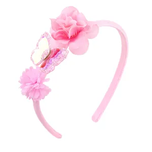 Cerchietto rosa per bambina con farfalla di paillettes e fiori in tessuto morbido