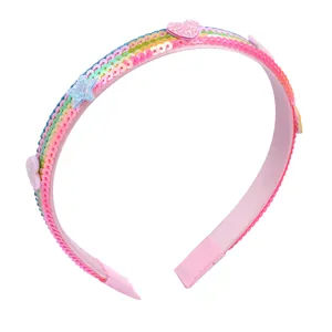 Pink sequin girls headband with sparkling blue star and pink heart ornaments