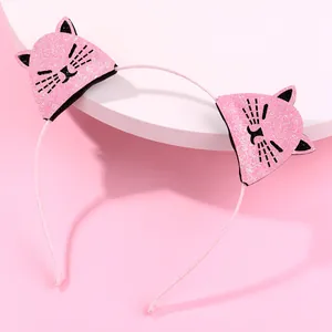 Pink Sequin Cat Ear Headband For Kids Cartoon Animal Hair Band Cute Glitter Hair Hoop Party Hair Accessories For Girls