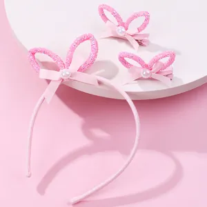 Ensemble 3 Pièces Accessoires de Coiffure Rose Pailleté Oreilles de Lapin Nœud Serre-tête Künstliche Perle de Culture Et Barrettes Pour Enfants Filles Décor Dessin Animé