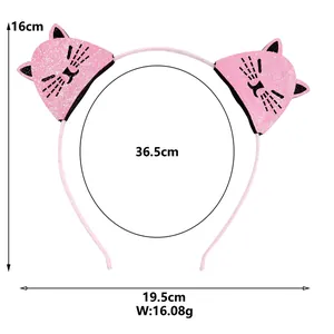 Pink glitter cat ear headband dimensions showing 16cm height and 19.5cm width specs