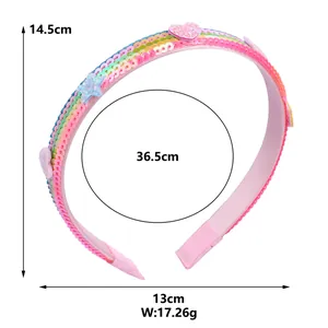 Detail showing dimensions and weight of rainbow sequin headband with star and heart patches