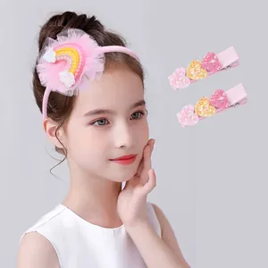 Ensemble accessoire cheveux enfant avec serre-tête arc-en-ciel et pinces cœur pailletées