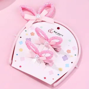 Ensemble serre-tête oreilles de lapin rose et barrettes nœuds avec paillettes et perle