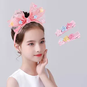 Pink bow headband with glitter heart and star hair clips set for little girls