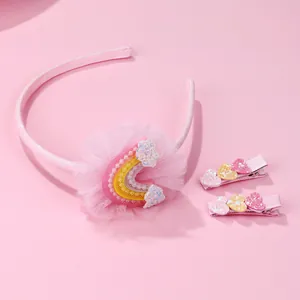 Set d'accessoires cheveux fille avec serre-tête arc-en-ciel dentelle et barrettes coeur