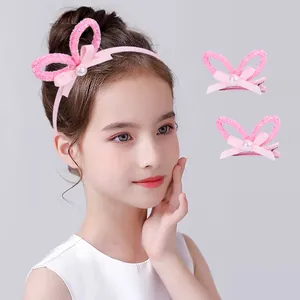 Set serre-tête oreilles de lapin rose pailleté avec barrettes à nœuds et perles