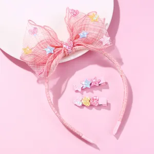 Kids Sweet Pink Mesh Bow Headband And Hair Clips For Girls Princess Glitter Star Heart Sequin Accessories Party Hairwear