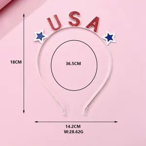 Detail shot of USA metal headband with stars and red sequins, including size dimensions