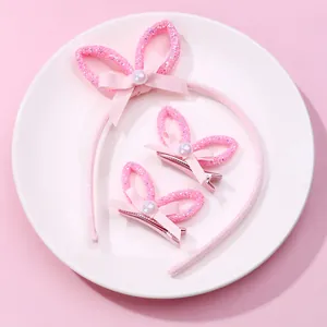 Set d'accessoires cheveux rose avec oreilles de lapin pailletées et nœuds doux