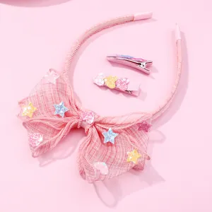 Pink kids headband set with large sequin bow and matching glitter heart star clips