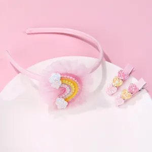 Serre-tête Rose en Dentelle avec Arc-en-Ciel et Nuage et Barrettes à Cheveux en Cœur Pailleté pour Filles Accessoires Cheveux