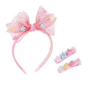 Pink bow headband and hair clips set with glitter stars and hearts for young girls