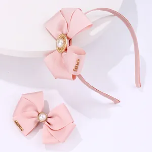 Accessoires Cheveux Enfants Nœud Rose Fait à la Main Ruban Gros-grain Serre-tête Et Barrette Avec Künstliche Perle d'Imitation Pour Filles Bijoux