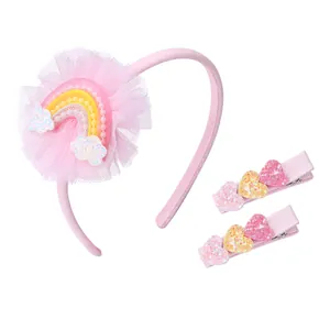 Set d'accessoires cheveux rose pour enfants avec serre-tête arc-en-ciel et pinces cœur