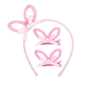 Serre-tête oreilles de lapin roses et barrettes à nœud avec paillettes et perles