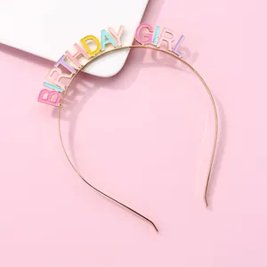 Golden Birthday Girl headband with colorful enamel letters for festive party outfits