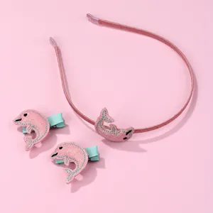 Rosa Delphin-Haarset mit glitzernden Leder-Stirnbändern und Clips für süße Mädchen