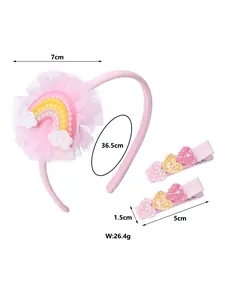 Vue détaillée du serre-tête arc-en-ciel rose et barrettes cœur pailleté avec dimensions