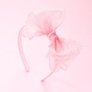 Pink layered organza bow headband for girls featuring non-slip fabric and glitter texture