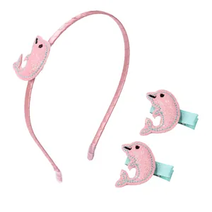 Haarreif und Haarspangen Set für Mädchen mit rosa Pailletten-Delfinen und Satin