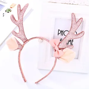 Diadema Navideña de Astas para Niños con Lazo Orejas de Felpa Diadema de Reno con Purpurina para Fiesta Niñas Accesorios para el Cabello