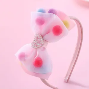 Kids Pink Organza Bow Headband With Glitter Heart And Colorful Plush Balls Sweet Hair Accessory For Girls Party
