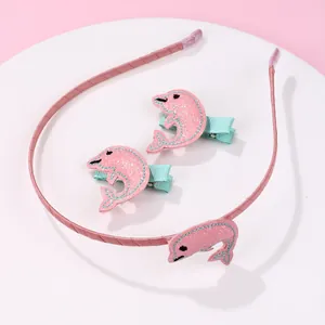 Rosa glitzerndes Delfin-Haarreif- und Spangen-Set für Mädchen mit hellblauen Akzenten