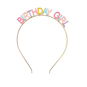 Colorful Birthday Girl headband with gold metal frame and pastel enamel letters