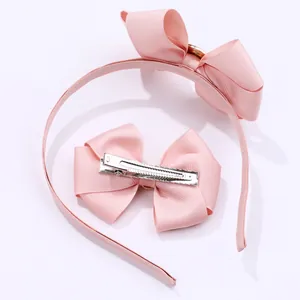 Serre-tête en ruban gros-grain rose et ensemble de pinces à cheveux assorties pour filles