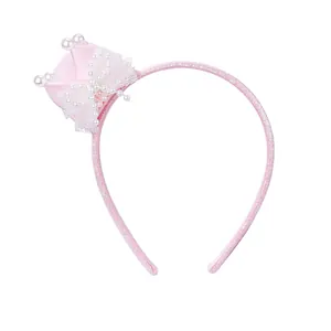 Elegante roze glitter haarband met mini kroon, kant en parels voor meisjes