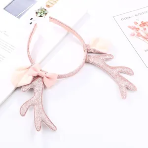 Diadema de cuernos de reno rosa con purpurina y orejas de pelo para fiesta de Navidad