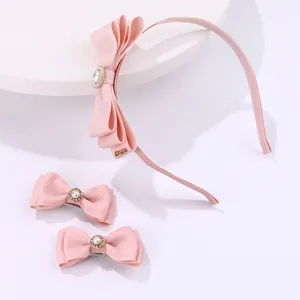 Sweet Pink Bowknot Headband And Hair Clips Set For Kids Girls Fabric Faux Artificial Pearl Rhinestone Decorative Hair Accessories