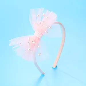 Sweet Kids Girls Pink Mesh Tulle Bow Headband With White Imitation Artificial Pearls Handmade Princess Hair Accessory Hair Band