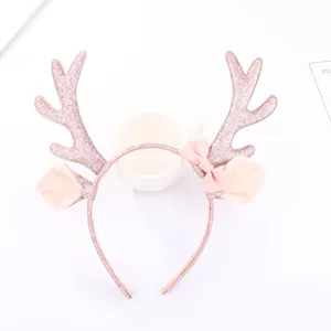 Diadema navideña de reno con lentejuelas oro rosa, orejas de felpa y lazo rosa suave