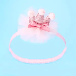 Zoete Roze Baby Meisje Lovertjes Kroon Mesh Bloem Hoofdband Met Lint Strik Pompons Elastische Haarband Voor Verjaardag Foto Rekwisieten