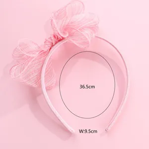 Detail showing pink glitter headband dimensions with organza bow 36.5cm circumference